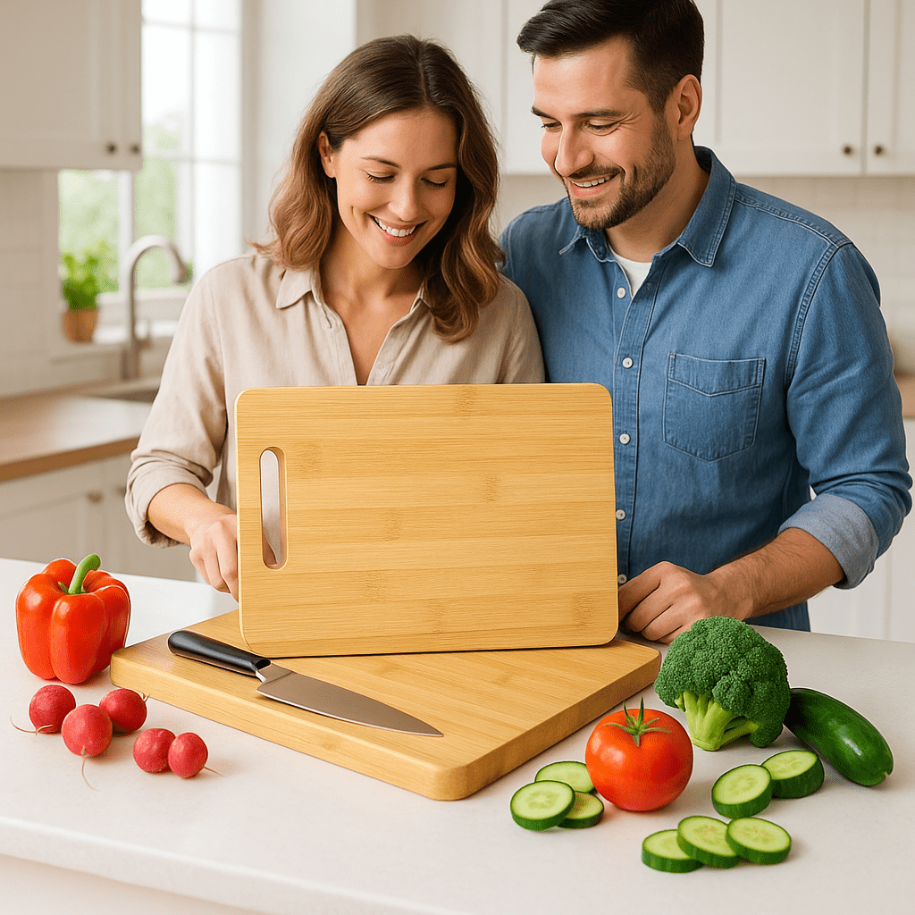 Planche a decouper en bois couple montre la planche