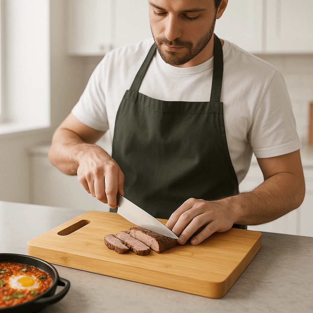 Planche a decouper en bois homme  coupe viande