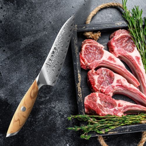 couteau pour cuisine pointe  sur planche ardoise   cote d agneau