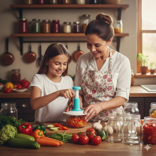   grand mere et sa petite fille coupe legume hachoir manuel 
